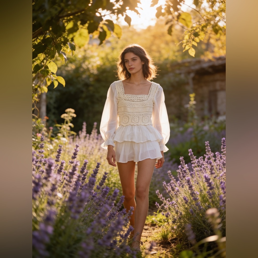 Sorrento White Crochet Peasant Blouse Smocked Back Cotton Size L